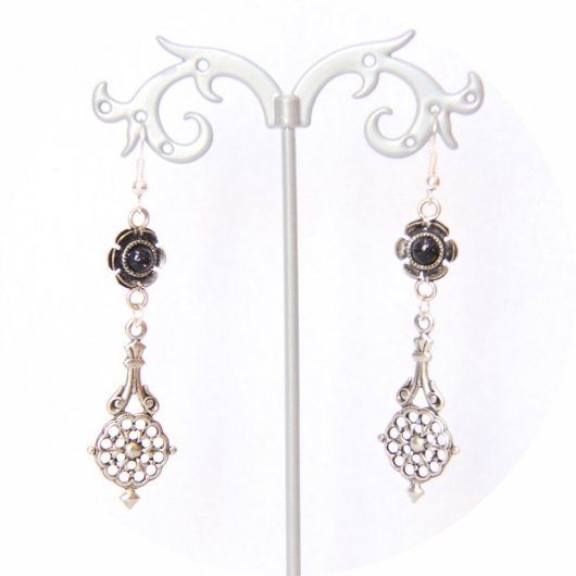 Boucles d'oreilles rétro baroque bleue marine avec pampille art déco argentée
