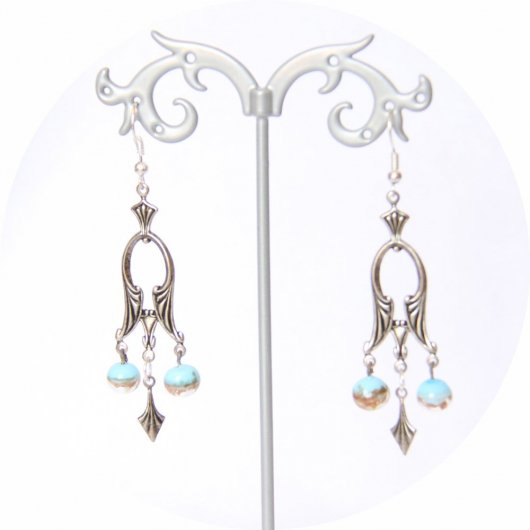 Boucles d'oreilles rétro baroque pampille art déco argentée et perles bleu et or