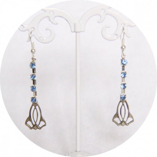 Boucles d'oreilles rétro art déco bleues avec pampille argentée