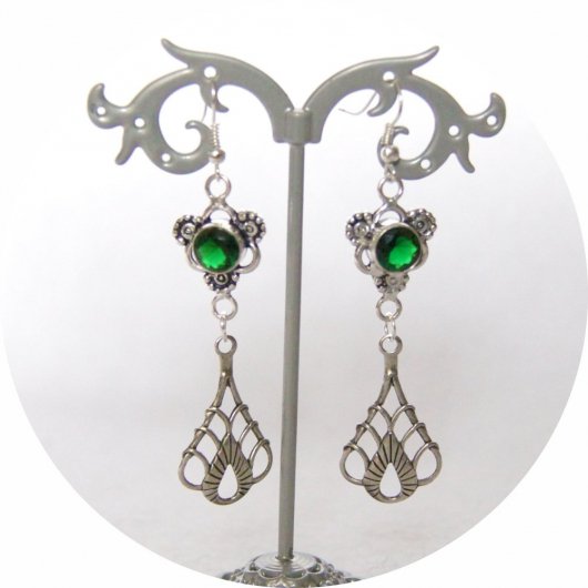 Boucles d'oreilles rétro art déco vert avec pampille art déco argentée