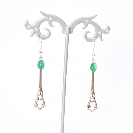 Boucles d'oreilles rétro art déco vertes avec pampille art déco argentée