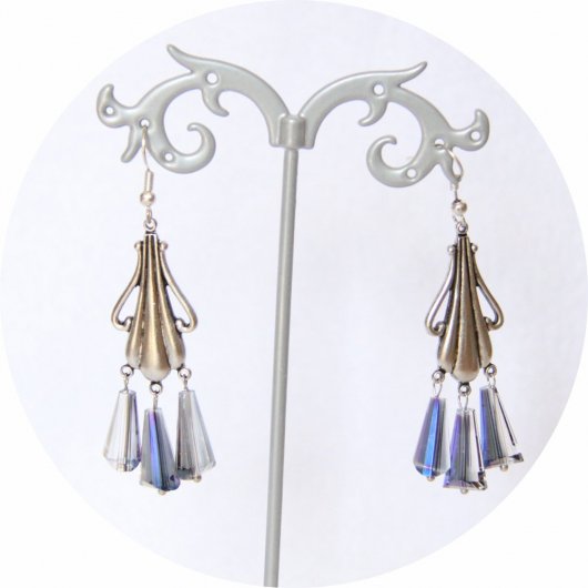 Boucles d'oreilles rétro Art Nouveau bleues goutte cristal pampille art nouveau argentée