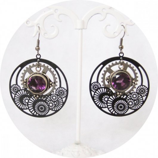 Boucles d'oreilles Steampunk engrenage noir gris acier et mauve