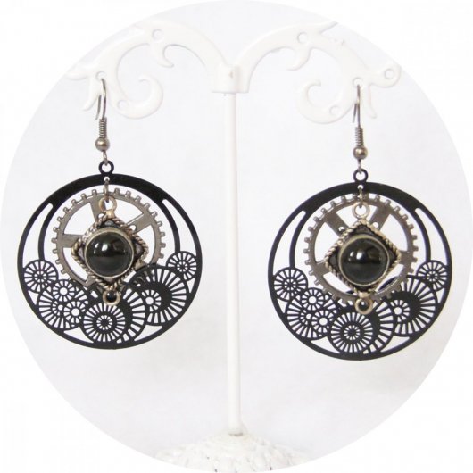 Boucles d'oreilles Steampunk engrenage noir et gris acier