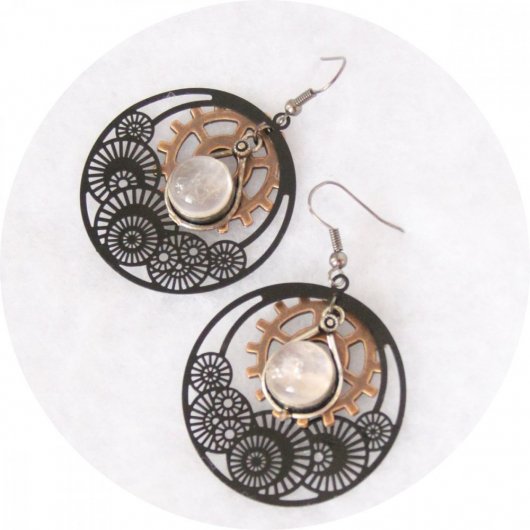 Boucles d'oreilles Steampunk engrenage noir rose et cuivre