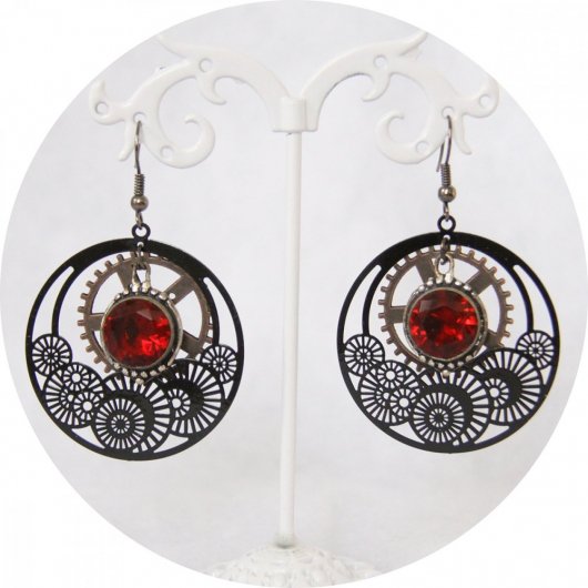 Boucles d'oreilles Steampunk engrenage noir rouge et cuivre