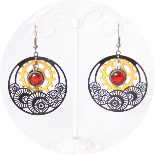 Boucles d'oreilles Steampunk engrenage noir rouge et doré