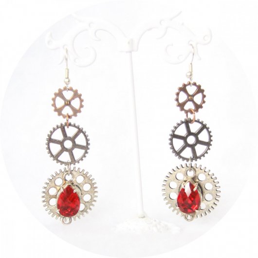 Boucles d'oreilles Steampunk engrenages argent et cuivre cristal rouge