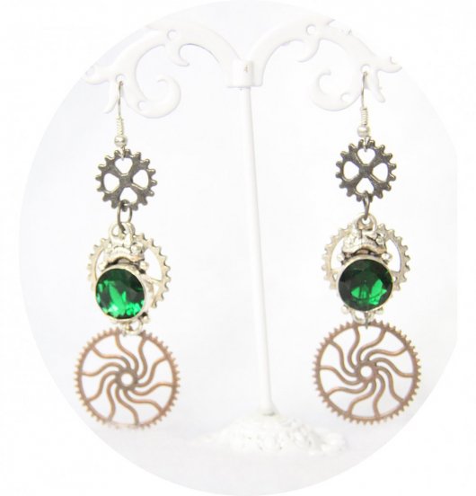 Boucles d'oreilles Steampunk engrenages argent et cuivre cristal vert