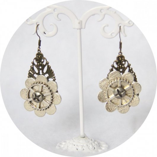 Boucles d'oreilles Steampunk goutte bronze argent et cuir doré