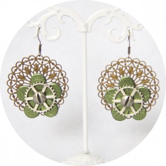 Boucles d'oreilles Steampunk rondes bronze argent et cuir vert