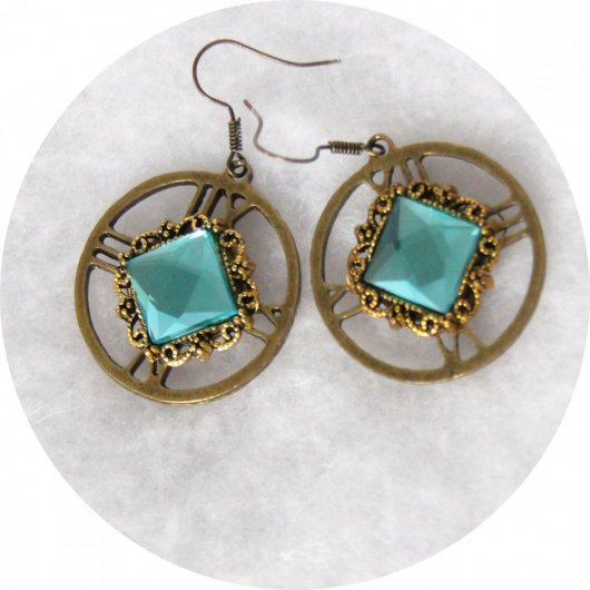 Boucles d'oreilles Steampunk rondes bronze et bleu turquoise