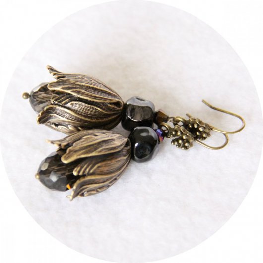 Boucles d'oreilles tulipe perroquet noir et bronze