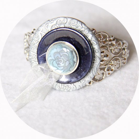 Bracelet rigide boutons baroque bleu et argent