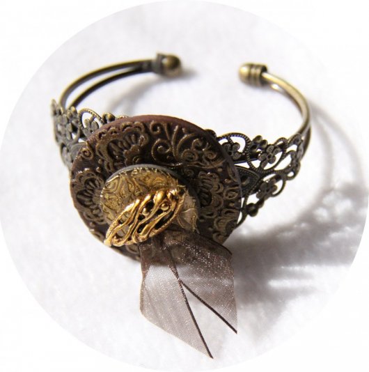 Bracelet rigide boutons baroque marron et doré