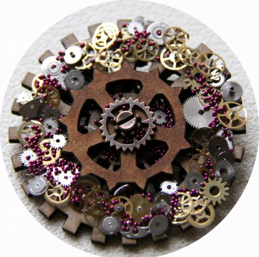 Broche Steampunk en rouages en métal cuivré et bois