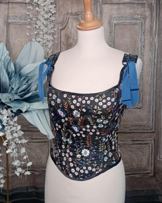 Bustier corset noir brodé à bretelles
