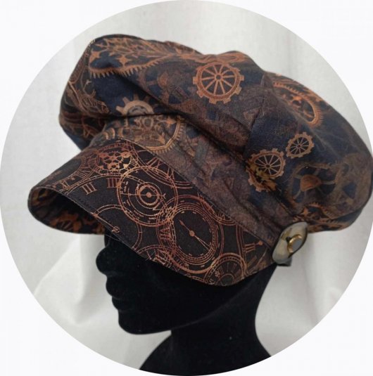 Casquette Gavroche marron et noir imprimé engrenages