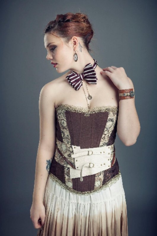 Ceinture serre-taille Steampunk en cuir ivoire et tissu horloges marron