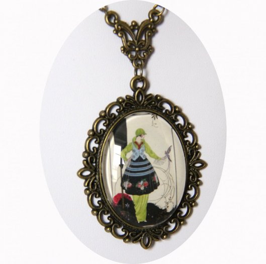 Collier médaillon gravure de mode Années 20 vert et noir