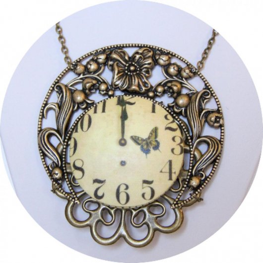 Collier sautoir médaillon de style victorien bronze et sépia avec un bouton en tissu horloge et une estampe en croissant de lune style Mucha