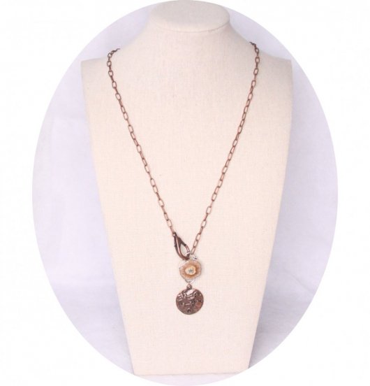 Collier sautoir steampunk cuivre et quartz druzy