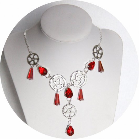 Collier Steampunk collection Engrenages en rouge et argent