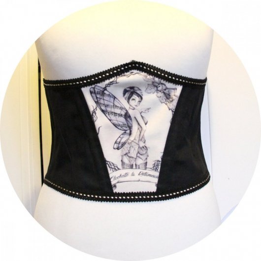 Corset Serre-taille sur mesure en coutil noir et dentelle noire