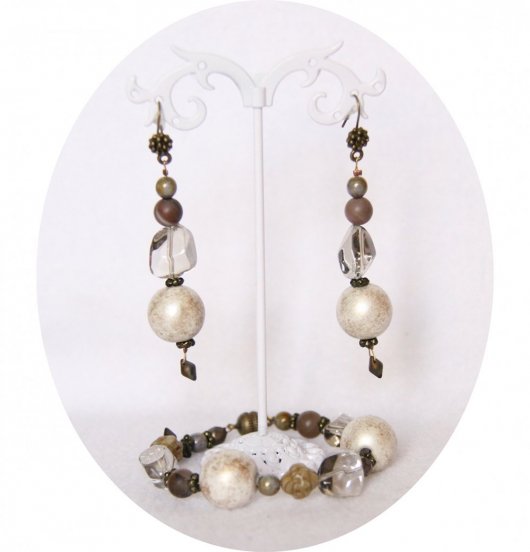 Ensemble bracelet et boucles d'oreilles gris et beige doré