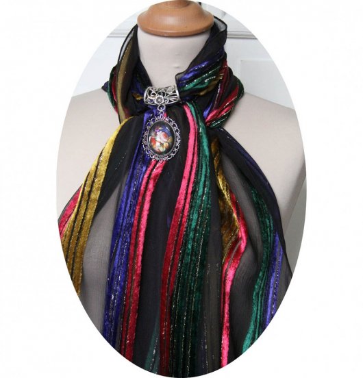 Etole foulard bijou noire en mousseline de soie dévorée et bijou fleur russe