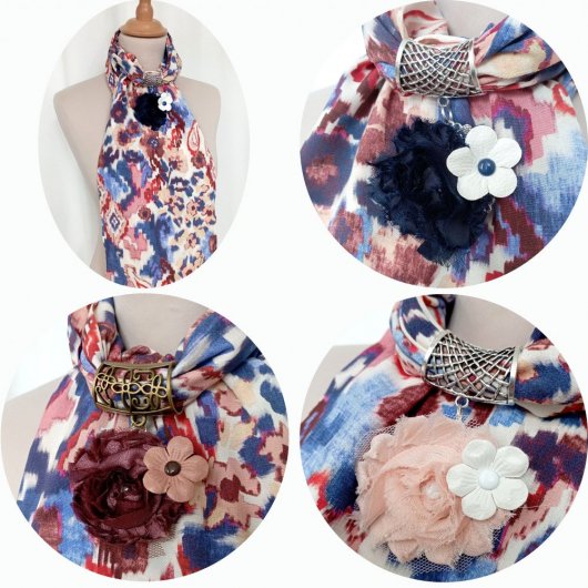 Etole foulard en viscose beige bleu rose et bijou argent