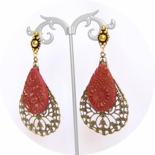 Grandes boucles d'oreilles légères goutte rouge corail et bronze