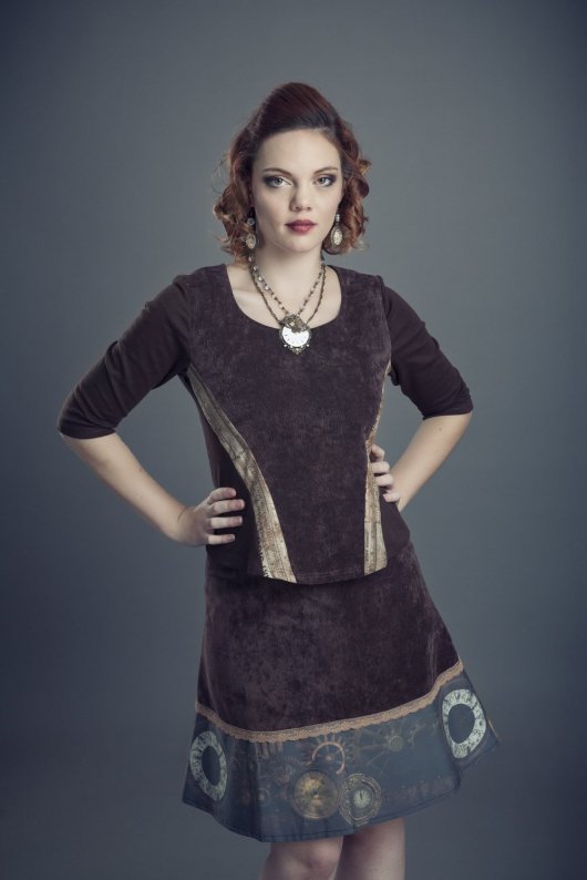 Haut bustier cintré steampunk marron en velours et maille de coton manches trois quarts