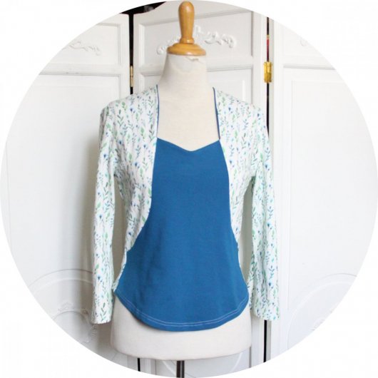 Haut cintré stretch bleu effet bustier fleurs bleues