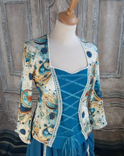 Haut cintré stretch bleu effet bustier imprimé arabesques