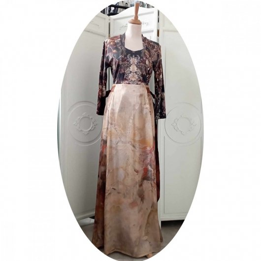 Jupe longue Belle Epoque en satin marron doré