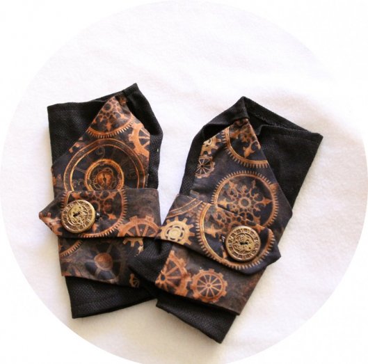 Manchettes mitaines en coton noir et bronze horloges steampunk