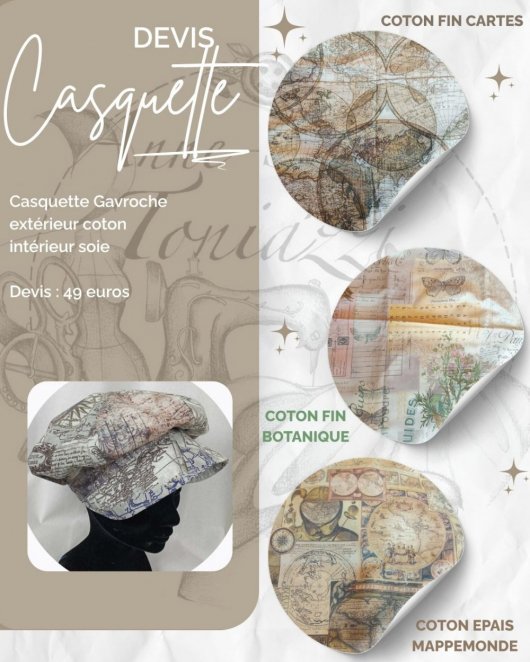 RESERVEE - Casquette Gavroche beige imprimé mappemonde