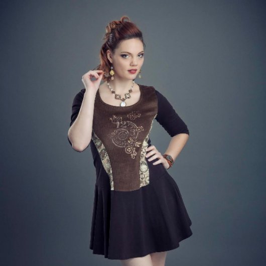 Robe bustier steampunk courte à manches trois quart en velours peint à la main motif horloges rouages et jersey marron stretch