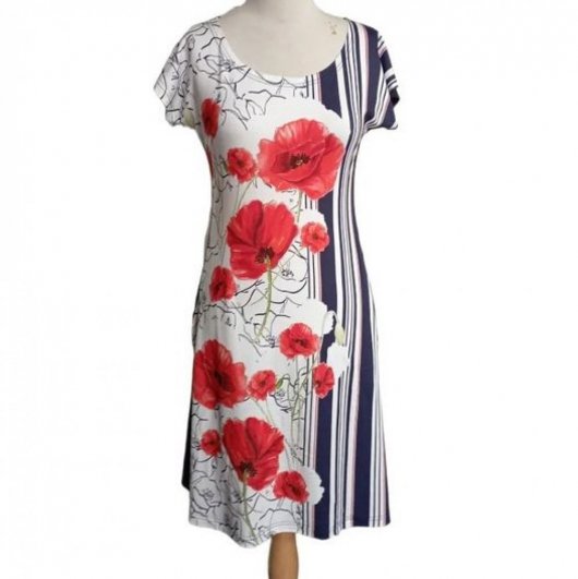 Robe coquelicot rouge courte trapeze 'P'tit Basique' en maille bleu marine et blanche