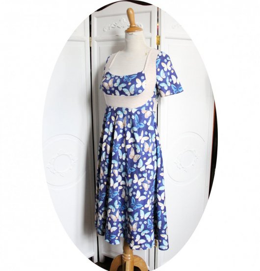 Robe taille Empire en jersey coton bleu imrimé de papillons