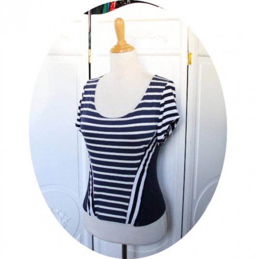Top bustier haut cintré à manches courtes en jersey de coton rayé bleu marine et blanc et uni bleu marine