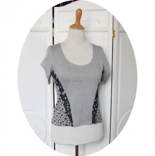 Top bustier tshirt cintré à manches courtes en jersey gris uni et gris à étoiles