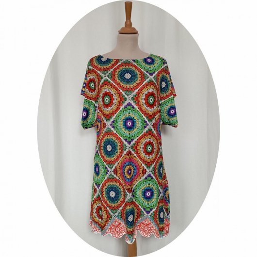 Tunique strecth en maille imprimé crochet coloré