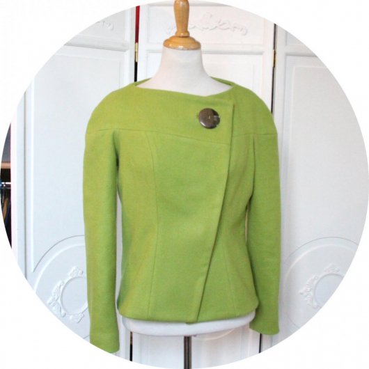 Veste courte en laine vert anis, paletot style annees 60, doublure coton matisse, manteau court en laine et coto, manteau hiver en laine