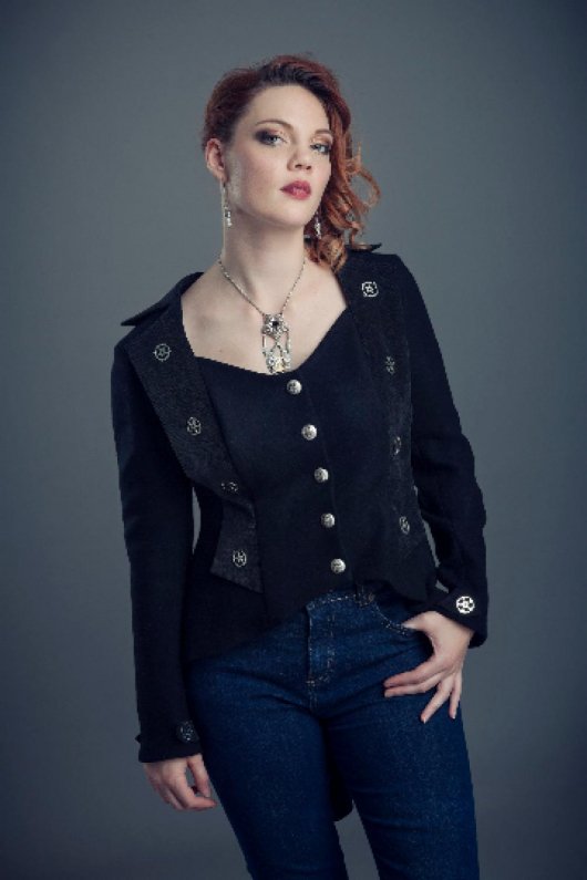 Veste redingote Steampunk à revers et queue de pie en laine et velours