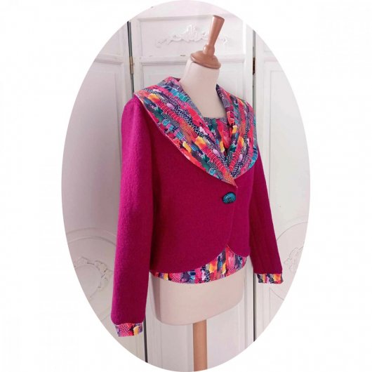 Veste rose fuchia en laine bouillie et grand col châle imprimé