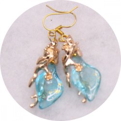 Boucles d'oreilles elfiques pétale bleue et feuillage doré