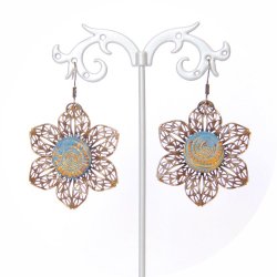 Boucles d'oreilles légères fleur bleu azur et bronze