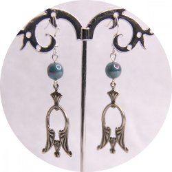 Boucles d'oreilles rétro baroque pampille art déco argentée et perles bleu vert